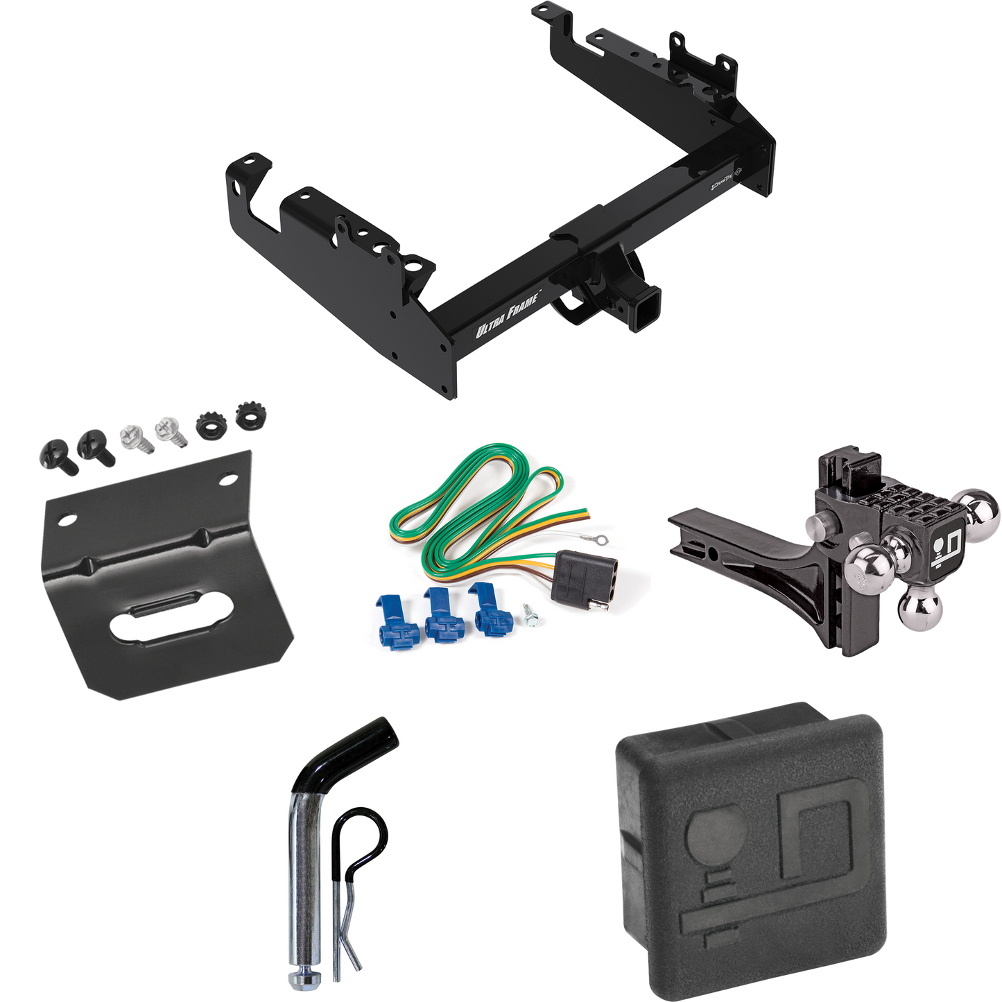 Fits 2019-2023 Ford F-450 Super Duty Trailer Hitch Tow PKG w/ 4-Flat Wiring Harness + Adjustable Drop Rise Triple Ball Ball Mount 1-7/8" & 2" & 2-5/16" Trailer Balls + Pin/Clip + Hitch Cover + Wiring Bracket (For Cab & Chassis, w/34" Wide Frames Mode