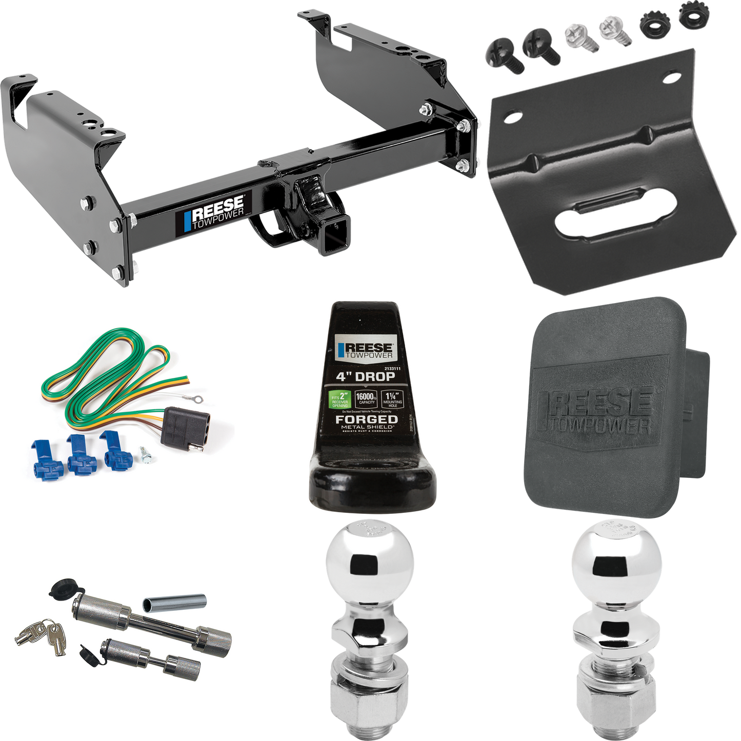 Fits 1999-2019 Ford F-450 Super Duty Trailer Hitch Tow PKG w/ 4-Flat Wiring Harness + Ball Mount w/ 4" Drop + Dual Hitch & Coupler Locks + 2" Ball + 2-5/16" Ball + Hitch Cover + Wiring Bracket (For Cab & Chassis, w/34" Wide Frames Models) By Reese To