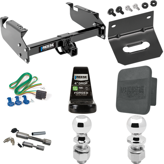 Fits 1999-2019 Ford F-450 Super Duty Trailer Hitch Tow PKG w/ 4-Flat Wiring Harness + Ball Mount w/ 4" Drop + Dual Hitch & Coupler Locks + 2" Ball + 2-5/16" Ball + Hitch Cover + Wiring Bracket (For Cab & Chassis, w/34" Wide Frames Models) By Reese To