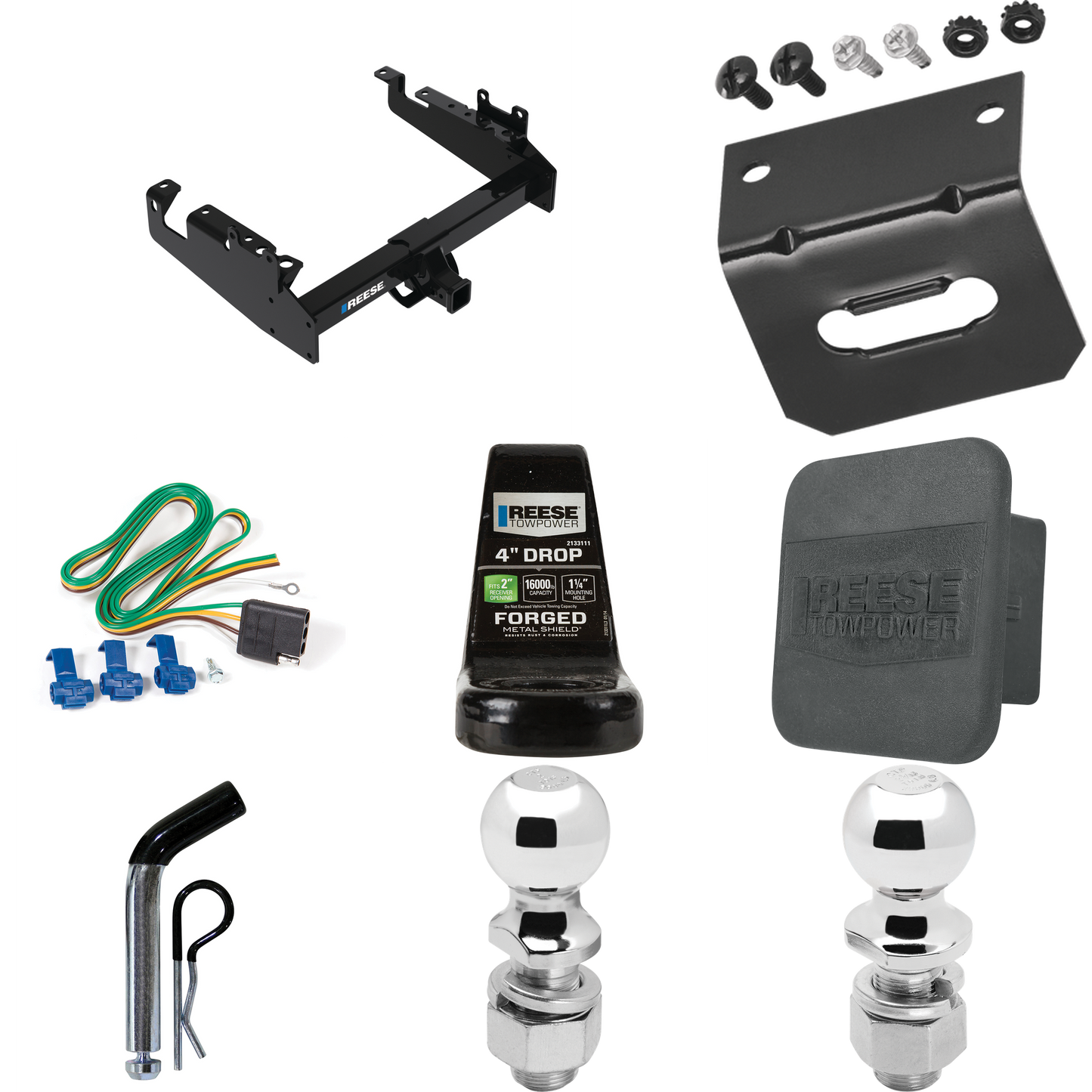 Fits 2019-2023 Ford F-450 Super Duty Trailer Hitch Tow PKG w/ 4-Flat Wiring Harness + Ball Mount w/ 4" Drop + Pin/Clip + 2" Ball + 2-5/16" Ball + Hitch Cover + Wiring Bracket (For Cab & Chassis, w/34" Wide Frames Models) By Reese Towpower