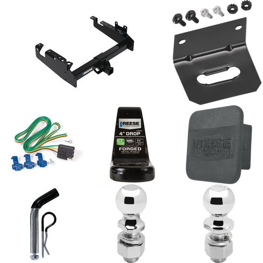 Fits 2019-2023 Ford F-450 Super Duty Trailer Hitch Tow PKG w/ 4-Flat Wiring Harness + Ball Mount w/ 4" Drop + Pin/Clip + 2" Ball + 2-5/16" Ball + Hitch Cover + Wiring Bracket (For Cab & Chassis, w/34" Wide Frames Models) By Reese Towpower