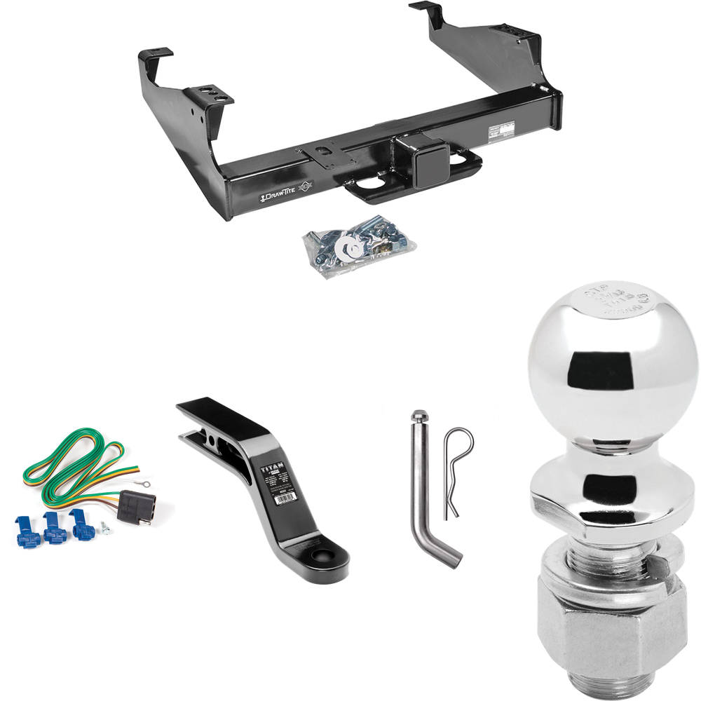 Fits 1999-2023 Ford F-550 Super Duty Trailer Hitch Tow PKG w/ 4-Flat Wiring Harness + Ball Mount w/ 5" Drop + Pin/Clip + 2-5/16" Ball (For Cab & Chassis, w/34" Wide Frames Models) By Draw-Tite