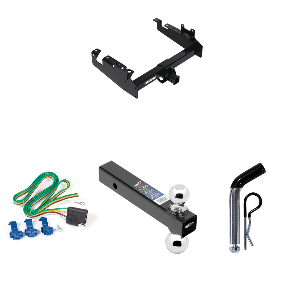 Fits 2019-2023 Ford F-550 Super Duty Trailer Hitch Tow PKG w/ 4-Flat Wiring Harness + Dual Ball Ball Mount 2" & 2-5/16" Trailer Balls + Pin/Clip (For Cab & Chassis, w/34" Wide Frames Models) By Reese Towpower