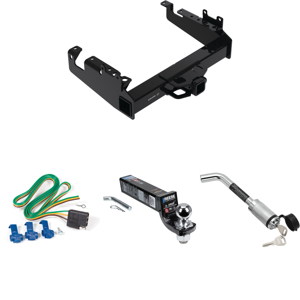 Fits 2019-2023 Ford F-450 Super Duty Trailer Hitch Tow PKG w/ 4-Flat Wiring Harness + Interlock Ball Mount Starter Kit 3" Drop w/ 2" Ball + Hitch Lock (For Cab & Chassis, w/34" Wide Frames Models) By Draw-Tite