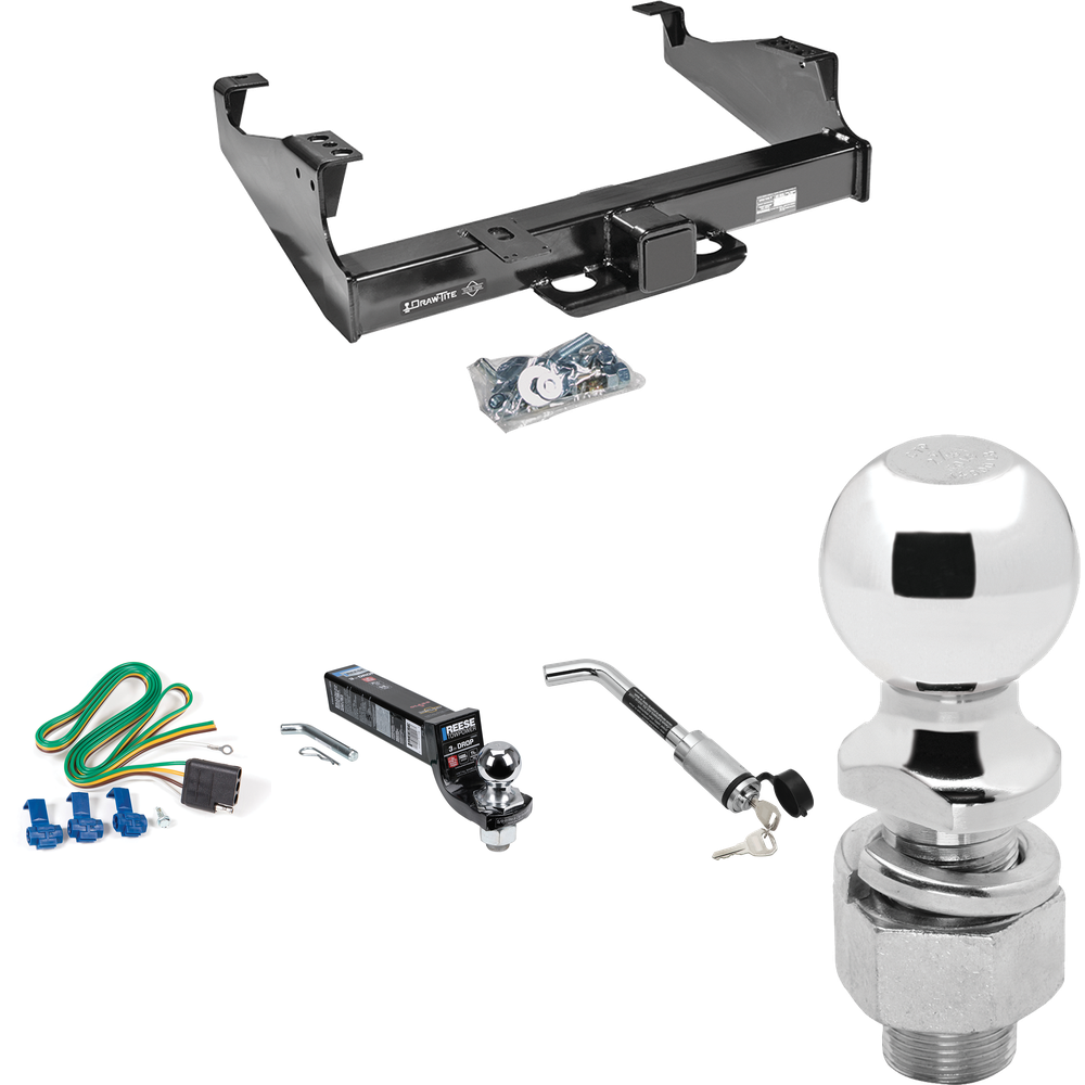 Fits 1999-2000 Ford F-350 Super Duty Trailer Hitch Tow PKG w/ 4-Flat Wiring Harness + Interlock Ball Mount Starter Kit 3" Drop w/ 2" Ball + Hitch Lock + 2-5/16" Ball + Hitch Lock (For Cab & Chassis, w/34" Wide Frames Models) By Draw-Tite