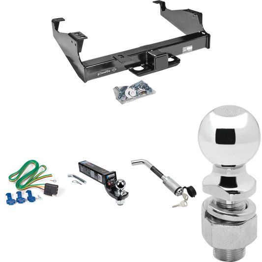 Fits 1999-2000 Ford F-350 Super Duty Trailer Hitch Tow PKG w/ 4-Flat Wiring Harness + Interlock Ball Mount Starter Kit 3" Drop w/ 2" Ball + Hitch Lock + 2-5/16" Ball + Hitch Lock (For Cab & Chassis, w/34" Wide Frames Models) By Draw-Tite