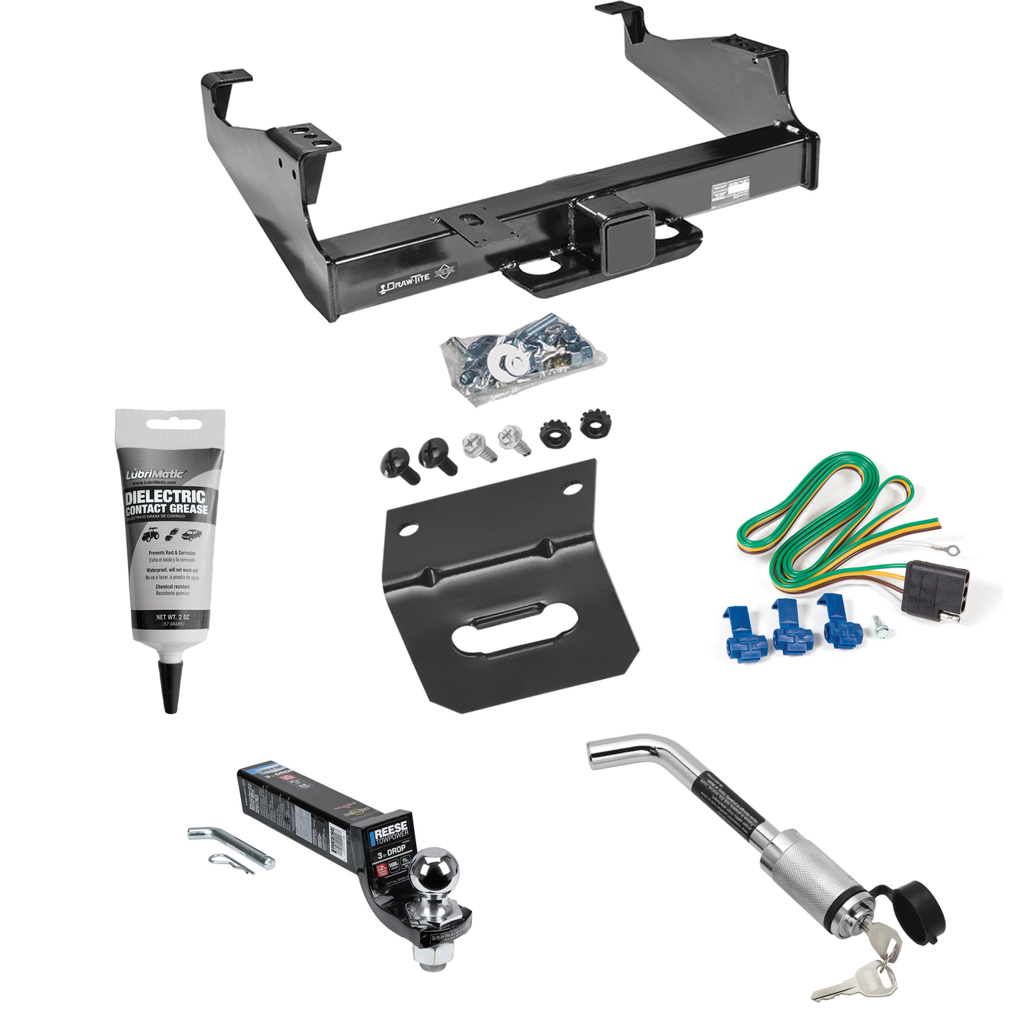 Fits 1999-2000 Ford F-350 Super Duty Trailer Hitch Tow PKG w/ 4-Flat Wiring Harness + Interlock Ball Mount Starter Kit 3" Drop w/ 2" Ball + Hitch Lock + Wiring Bracket + Electric Grease (For Cab & Chassis, w/34" Wide Frames Models) By Draw-Tite