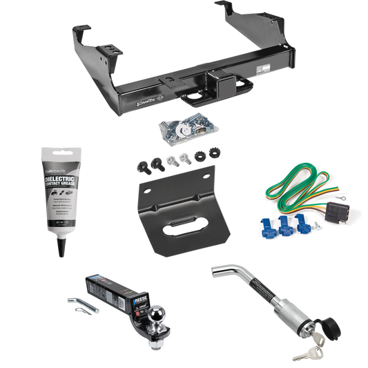 Fits 1999-2000 Ford F-350 Super Duty Trailer Hitch Tow PKG w/ 4-Flat Wiring Harness + Interlock Ball Mount Starter Kit 3" Drop w/ 2" Ball + Hitch Lock + Wiring Bracket + Electric Grease (For Cab & Chassis, w/34" Wide Frames Models) By Draw-Tite