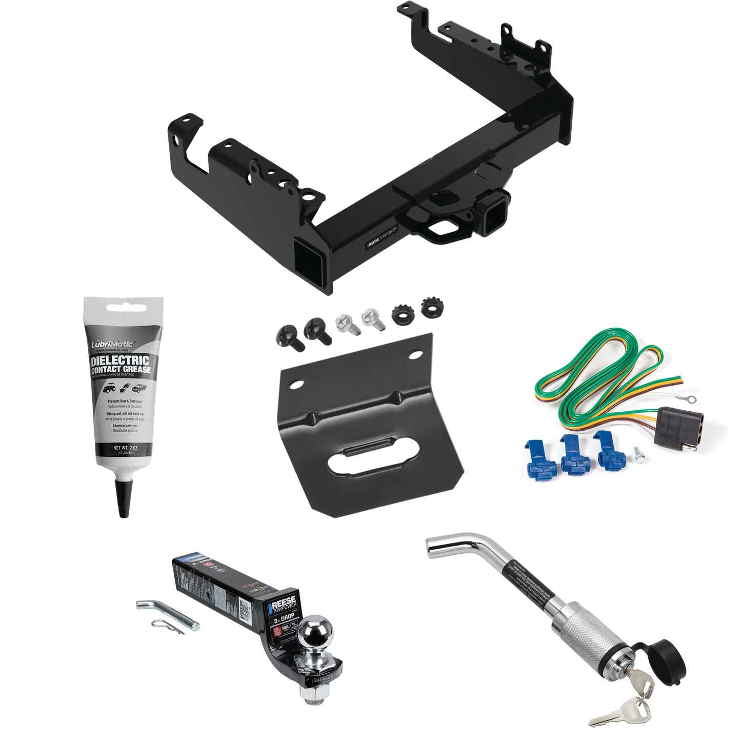 Fits 2019-2023 Ford F-450 Super Duty Trailer Hitch Tow PKG w/ 4-Flat Wiring Harness + Interlock Ball Mount Starter Kit 3" Drop w/ 2" Ball + Hitch Lock + Wiring Bracket + Electric Grease (For Cab & Chassis, w/34" Wide Frames Models) By Reese Towpower