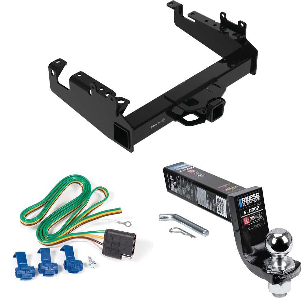 Fits 2019-2023 Ford F-550 Super Duty Trailer Hitch Tow PKG w/ 4-Flat Wiring Harness + Interlock Ball Mount Starter Kit 5" Drop w/ 2" Ball (For Cab & Chassis, w/34" Wide Frames Models) By Draw-Tite