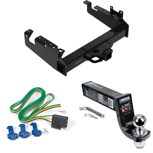 Fits 2019-2023 Ford F-550 Super Duty Trailer Hitch Tow PKG w/ 4-Flat Wiring Harness + Interlock Ball Mount Starter Kit 5" Drop w/ 2" Ball (For Cab & Chassis, w/34" Wide Frames Models) By Draw-Tite