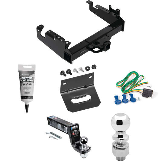 Fits 2019-2023 Ford F-350 Super Duty Trailer Hitch Tow PKG w/ 4-Flat Wiring Harness + Interlock Ball Mount Starter Kit 5" Drop w/ 2" Ball + 2-5/16" Ball + Wiring Bracket + Electric Grease (For Cab & Chassis, w/34" Wide Frames Models) By Draw-Tite