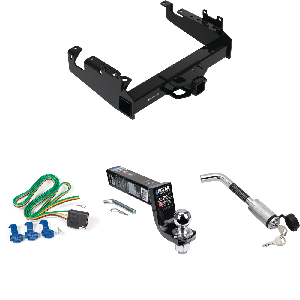 Fits 2019-2023 Ford F-450 Super Duty Trailer Hitch Tow PKG w/ 4-Flat Wiring Harness + Interlock Ball Mount Starter Kit 5" Drop w/ 2" Ball + Hitch Lock (For Cab & Chassis, w/34" Wide Frames Models) By Draw-Tite