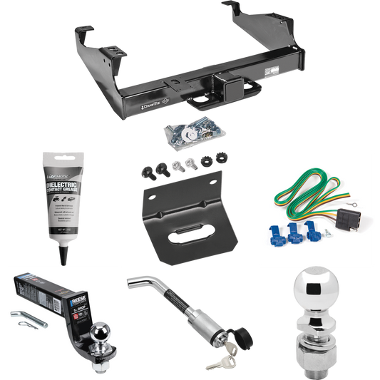 Fits 1999-2000 Ford F-350 Super Duty Trailer Hitch Tow PKG w/ 4-Flat Wiring Harness + Interlock Ball Mount Starter Kit 5" Drop w/ 2" Ball + Hitch Lock + 2-5/16" Ball + Hitch Lock + Wiring Bracket + Electric Grease (For Cab & Chassis, w/34" Wide Frame