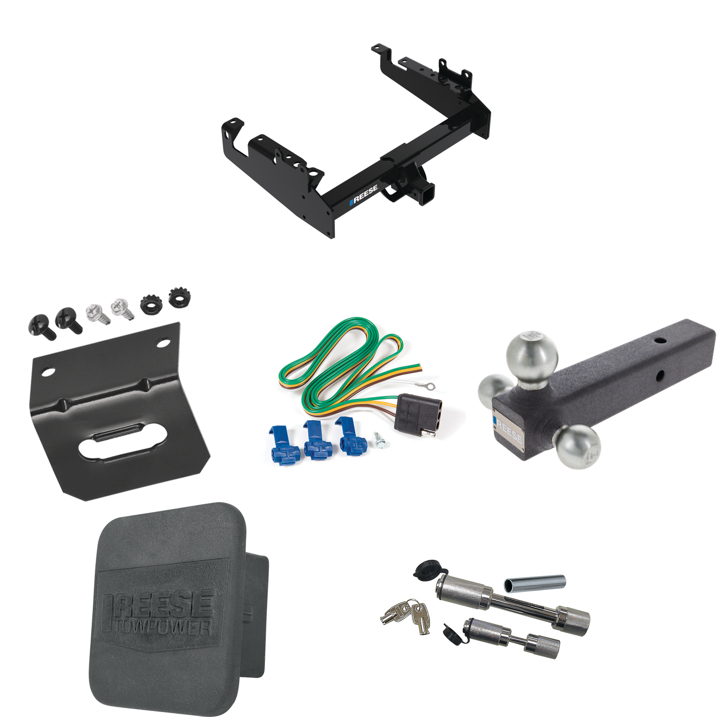 Fits 2019-2023 Ford F-550 Super Duty Trailer Hitch Tow PKG w/ 4-Flat Wiring Harness + Triple Ball Ball Mount 1-7/8" & 2" & 2-5/16" Trailer Balls + Dual Hitch & Coupler Locks + Hitch Cover + Wiring Bracket (For Cab & Chassis, w/34" Wide Frames Models)