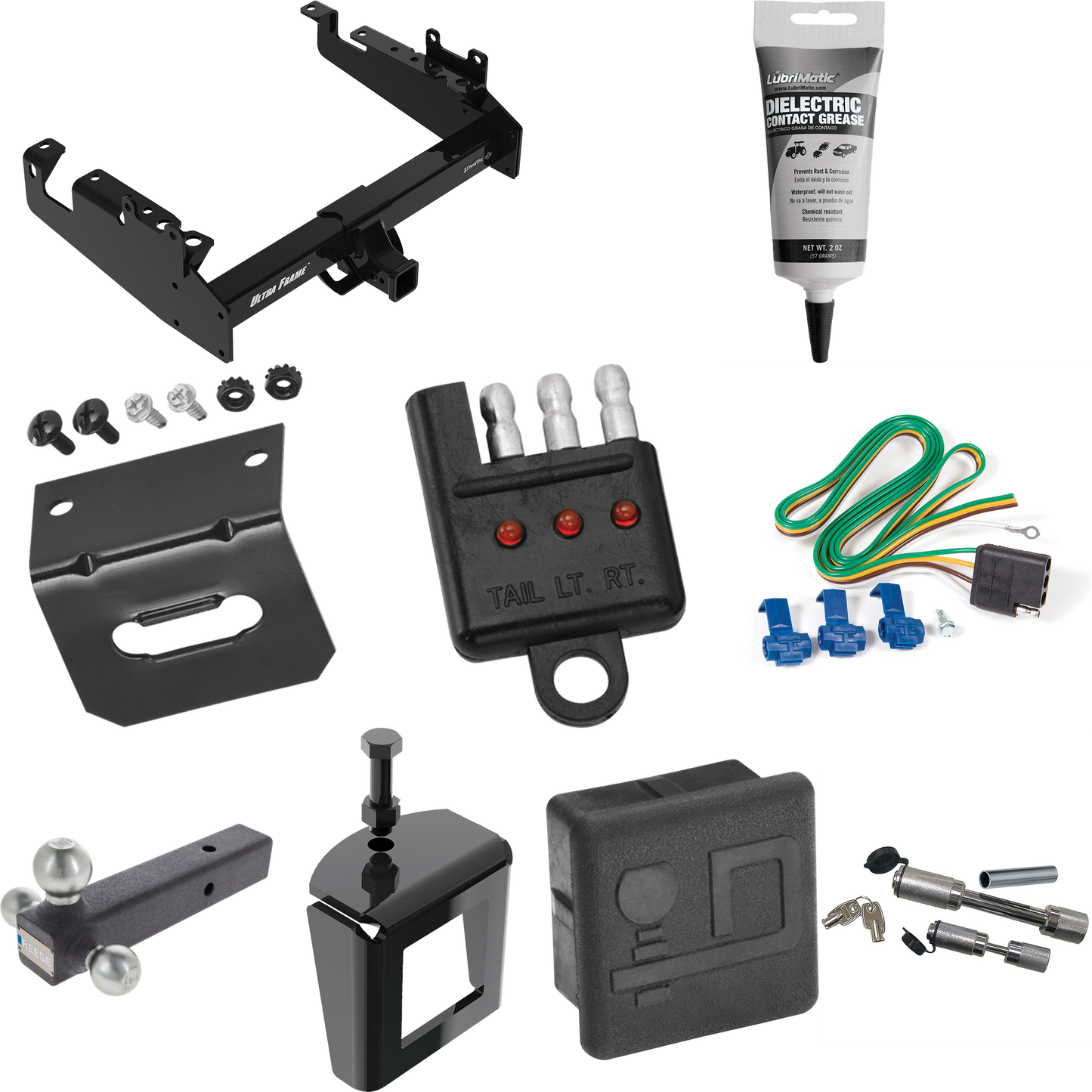 Fits 2019-2023 Ford F-550 Super Duty Trailer Hitch Tow PKG w/ 4-Flat Wiring Harness + Triple Ball Ball Mount 1-7/8" & 2" & 2-5/16" Trailer Balls + Dual Hitch & Coupler Locks + Hitch Cover + Wiring Bracket + Wiring Tester + Electric Grease + Anti Ratt