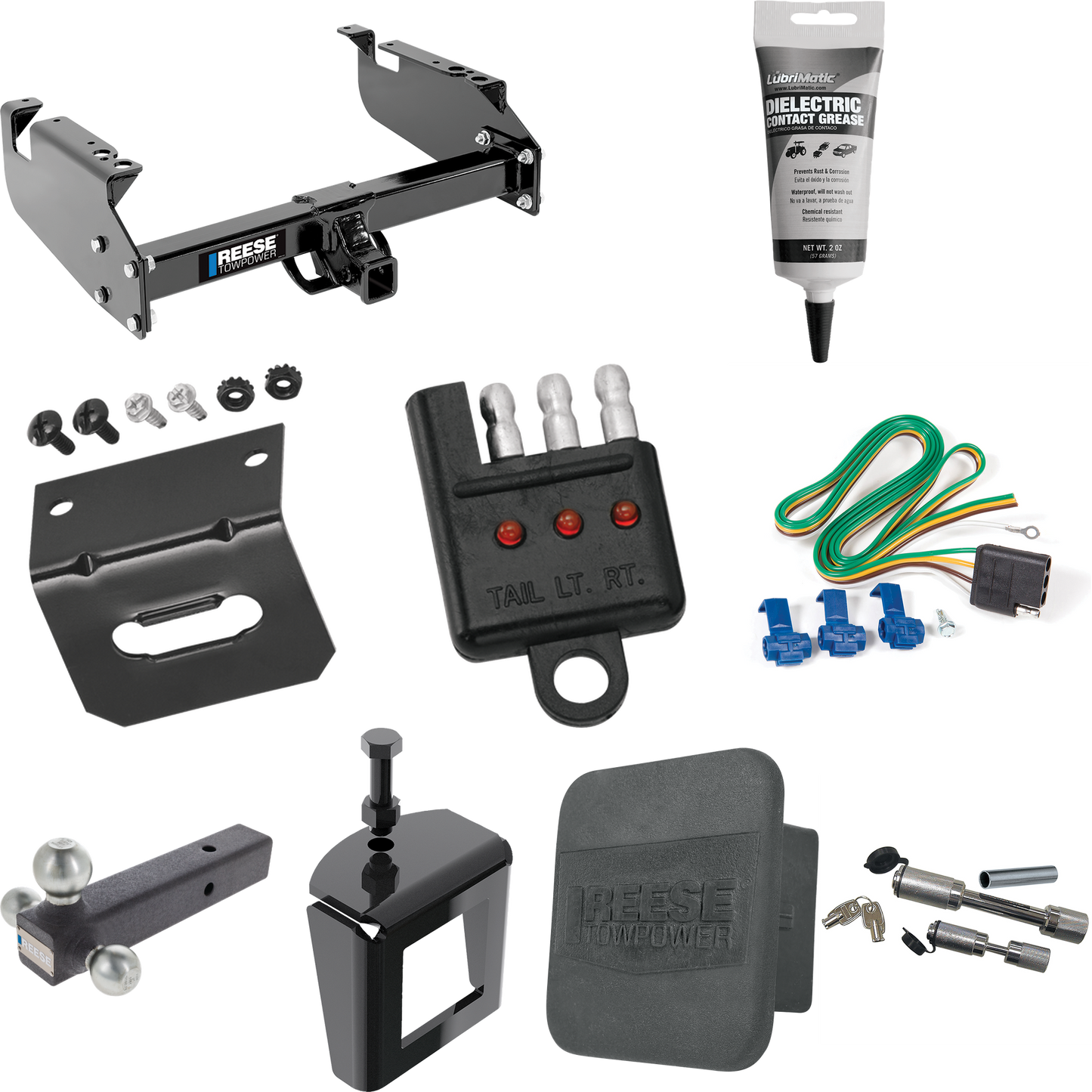 Fits 1999-2019 Ford F-550 Super Duty Trailer Hitch Tow PKG w/ 4-Flat Wiring Harness + Triple Ball Ball Mount 1-7/8" & 2" & 2-5/16" Trailer Balls + Dual Hitch & Coupler Locks + Hitch Cover + Wiring Bracket + Wiring Tester + Electric Grease + Anti Ratt