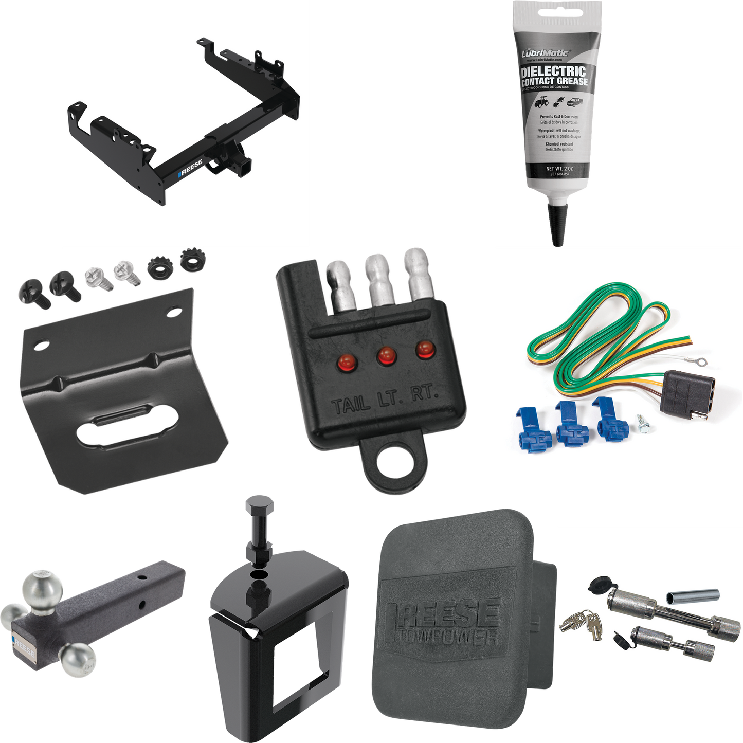 Fits 2019-2023 Ford F-450 Super Duty Trailer Hitch Tow PKG w/ 4-Flat Wiring Harness + Triple Ball Ball Mount 1-7/8" & 2" & 2-5/16" Trailer Balls + Dual Hitch & Coupler Locks + Hitch Cover + Wiring Bracket + Wiring Tester + Electric Grease + Anti Ratt