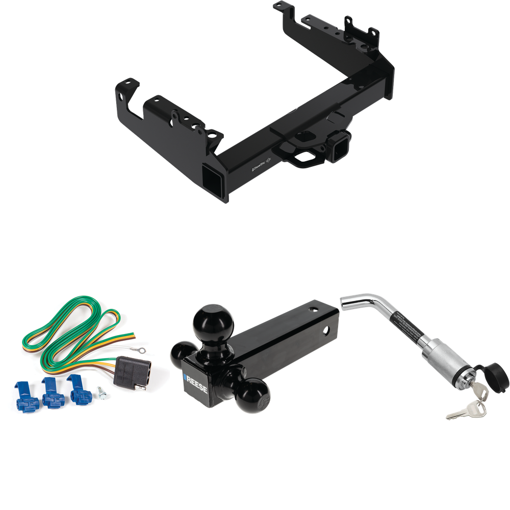 Fits 2019-2023 Ford F-450 Super Duty Trailer Hitch Tow PKG w/ 4-Flat Wiring Harness + Triple Ball Ball Mount 1-7/8" & 2" & 2-5/16" Trailer Balls + Hitch Lock (For Cab & Chassis, w/34" Wide Frames Models) By Draw-Tite