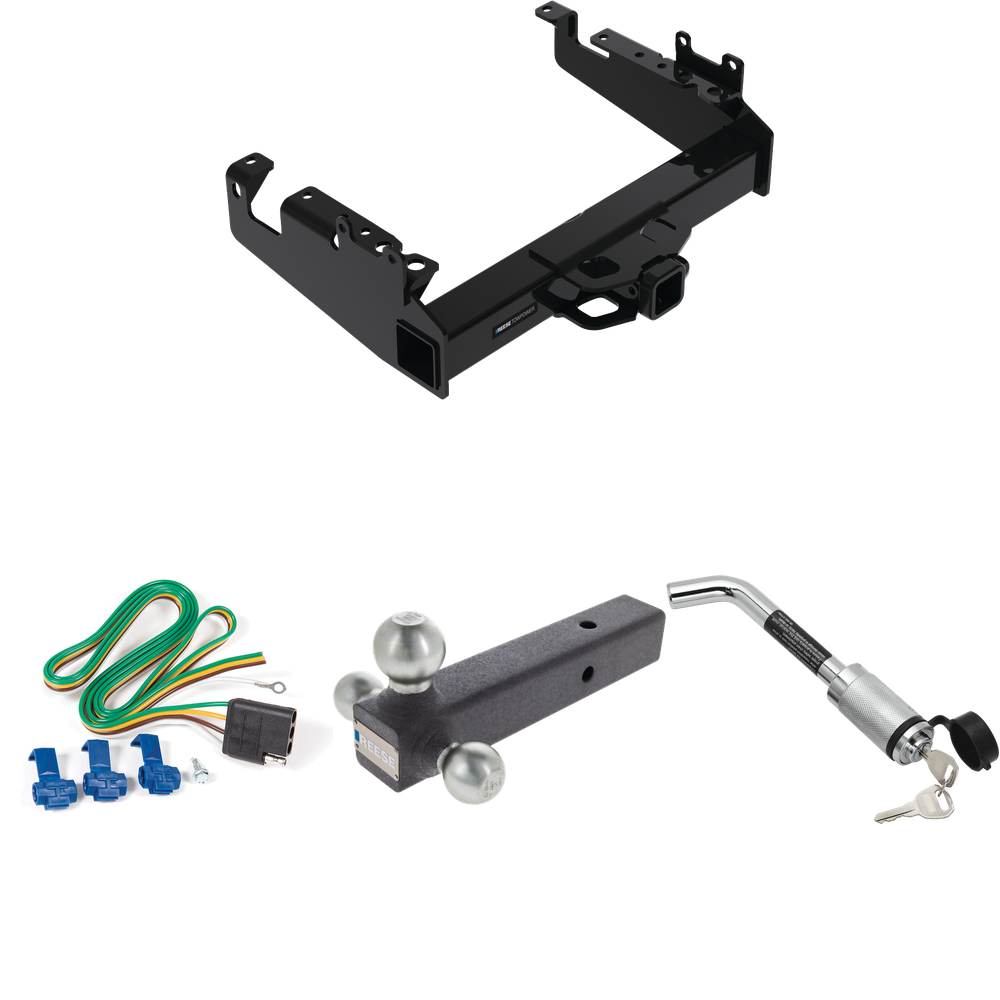 Fits 2019-2023 Ford F-550 Super Duty Trailer Hitch Tow PKG w/ 4-Flat Wiring Harness + Triple Ball Ball Mount 1-7/8" & 2" & 2-5/16" Trailer Balls + Hitch Lock (For Cab & Chassis, w/34" Wide Frames Models) By Reese Towpower