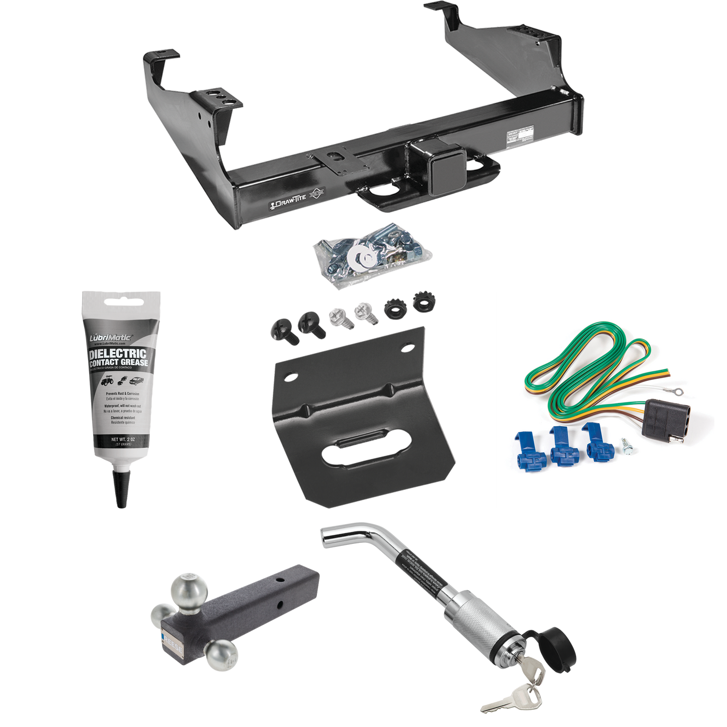 Fits 1999-2023 Ford F-450 Super Duty Trailer Hitch Tow PKG w/ 4-Flat Wiring Harness + Triple Ball Ball Mount 1-7/8" & 2" & 2-5/16" Trailer Balls + Hitch Lock + Wiring Bracket + Electric Grease (For Cab & Chassis, w/34" Wide Frames Models) By Draw-Tit