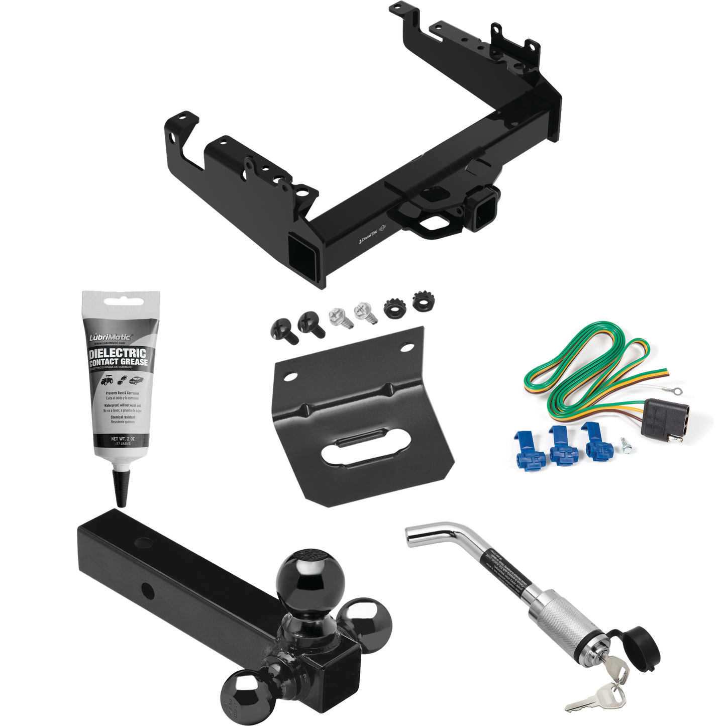 Fits 2019-2023 Ford F-450 Super Duty Trailer Hitch Tow PKG w/ 4-Flat Wiring Harness + Triple Ball Ball Mount 1-7/8" & 2" & 2-5/16" Trailer Balls + Hitch Lock + Wiring Bracket + Electric Grease (For Cab & Chassis, w/34" Wide Frames Models) By Draw-Tit