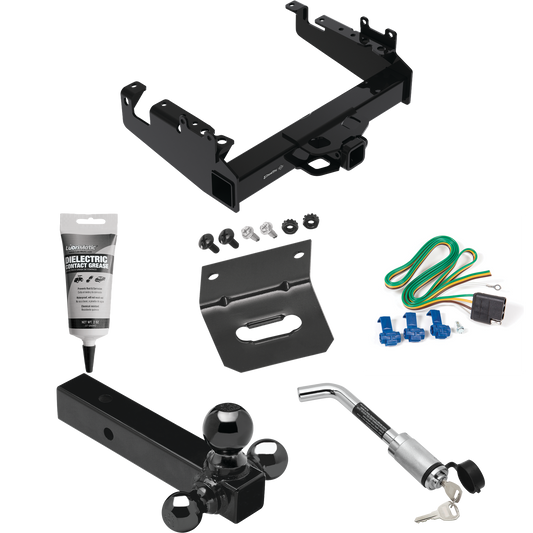 Fits 2019-2023 Ford F-450 Super Duty Trailer Hitch Tow PKG w/ 4-Flat Wiring Harness + Triple Ball Ball Mount 1-7/8" & 2" & 2-5/16" Trailer Balls + Hitch Lock + Wiring Bracket + Electric Grease (For Cab & Chassis, w/34" Wide Frames Models) By Draw-Tit