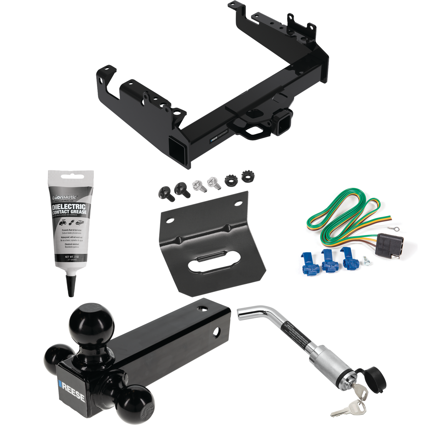 Fits 2019-2023 Ford F-550 Super Duty Trailer Hitch Tow PKG w/ 4-Flat Wiring Harness + Triple Ball Ball Mount 1-7/8" & 2" & 2-5/16" Trailer Balls + Hitch Lock + Wiring Bracket + Electric Grease (For Cab & Chassis, w/34" Wide Frames Models) By Reese To