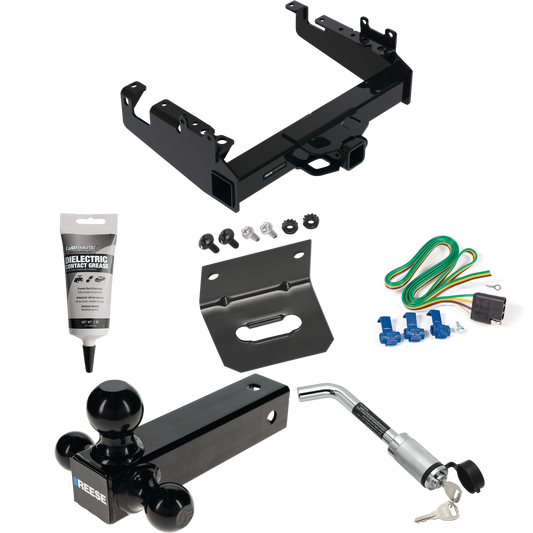 Fits 2019-2023 Ford F-550 Super Duty Trailer Hitch Tow PKG w/ 4-Flat Wiring Harness + Triple Ball Ball Mount 1-7/8" & 2" & 2-5/16" Trailer Balls + Hitch Lock + Wiring Bracket + Electric Grease (For Cab & Chassis, w/34" Wide Frames Models) By Reese To