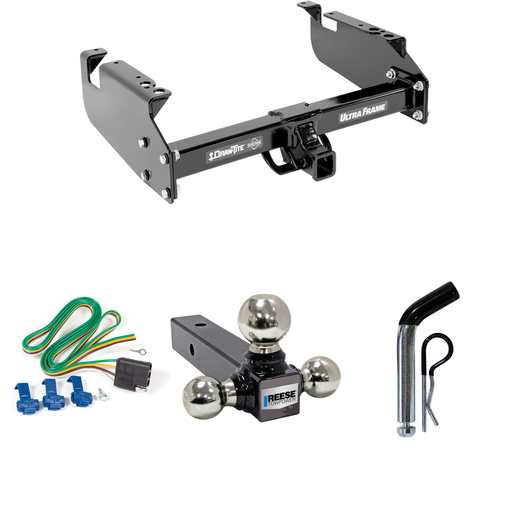 Fits 1999-2019 Ford F-450 Super Duty Trailer Hitch Tow PKG w/ 4-Flat Wiring Harness + Triple Ball Ball Mount 1-7/8" & 2" & 2-5/16" Trailer Balls + Pin/Clip (For Cab & Chassis, w/34" Wide Frames Models) By Draw-Tite