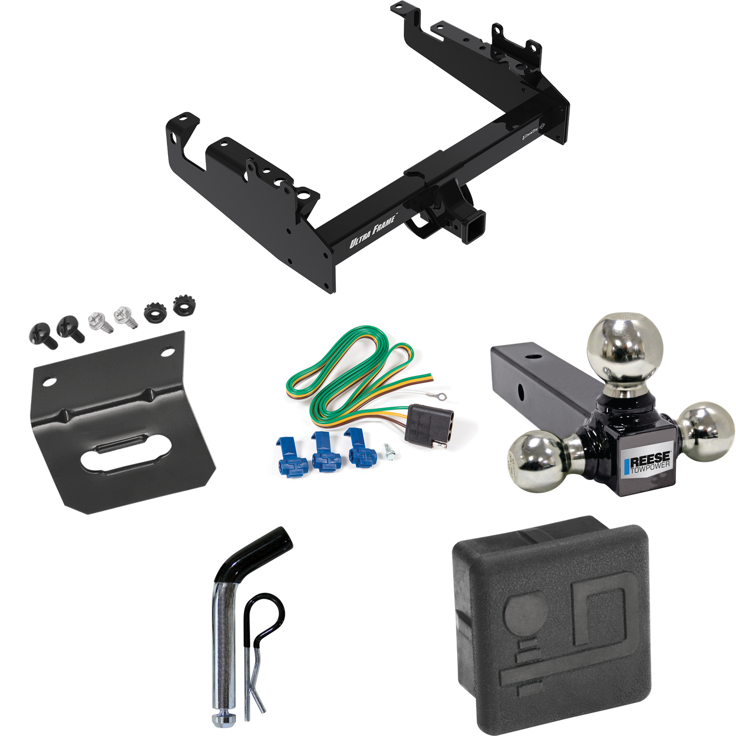 Fits 2019-2023 Ford F-550 Super Duty Trailer Hitch Tow PKG w/ 4-Flat Wiring Harness + Triple Ball Ball Mount 1-7/8" & 2" & 2-5/16" Trailer Balls + Pin/Clip + Hitch Cover + Wiring Bracket (For Cab & Chassis, w/34" Wide Frames Models) By Draw-Tite