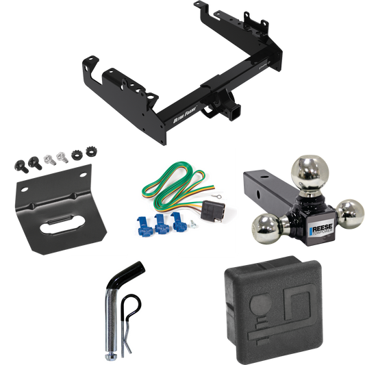 Fits 2019-2023 Ford F-550 Super Duty Trailer Hitch Tow PKG w/ 4-Flat Wiring Harness + Triple Ball Ball Mount 1-7/8" & 2" & 2-5/16" Trailer Balls + Pin/Clip + Hitch Cover + Wiring Bracket (For Cab & Chassis, w/34" Wide Frames Models) By Draw-Tite