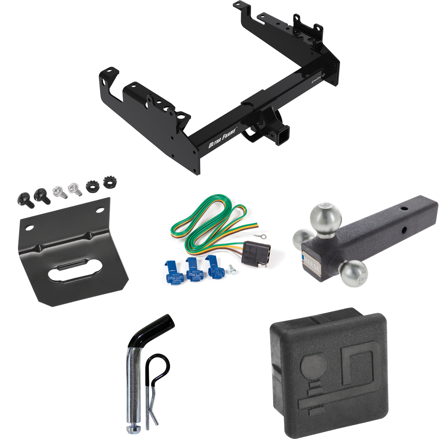 Fits 2019-2023 Ford F-350 Super Duty Trailer Hitch Tow PKG w/ 4-Flat Wiring Harness + Triple Ball Ball Mount 1-7/8" & 2" & 2-5/16" Trailer Balls + Pin/Clip + Hitch Cover + Wiring Bracket (For Cab & Chassis, w/34" Wide Frames Models) By Draw-Tite