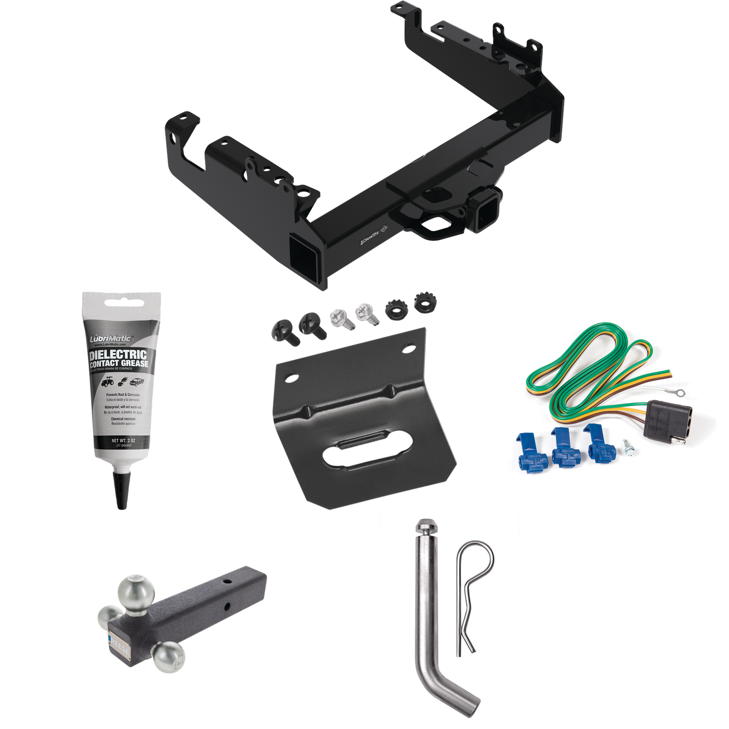 Fits 2019-2023 Ford F-550 Super Duty Trailer Hitch Tow PKG w/ 4-Flat Wiring Harness + Triple Ball Ball Mount 1-7/8" & 2" & 2-5/16" Trailer Balls + Pin/Clip + Wiring Bracket + Electric Grease (For Cab & Chassis, w/34" Wide Frames Models) By Draw-Tite