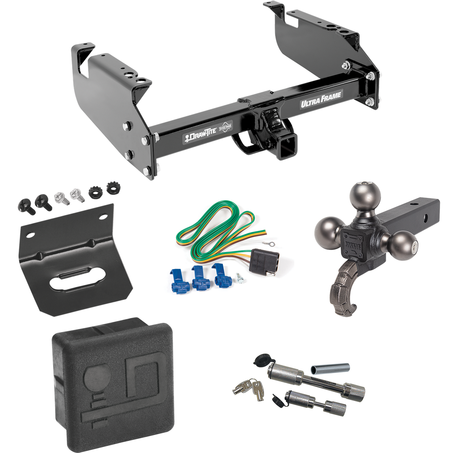 Fits 1999-2019 Ford F-350 Super Duty Trailer Hitch Tow PKG w/ 4-Flat Wiring Harness + Triple Ball Ball Mount 1-7/8" & 2" & 2-5/16" Trailer Balls w/ Tow Hook + Dual Hitch & Coupler Locks + Hitch Cover + Wiring Bracket (For Cab & Chassis, w/34" Wide Fr