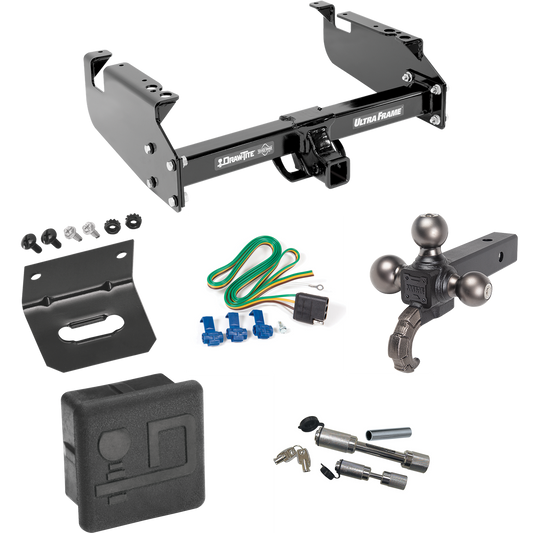 Fits 1999-2019 Ford F-350 Super Duty Trailer Hitch Tow PKG w/ 4-Flat Wiring Harness + Triple Ball Ball Mount 1-7/8" & 2" & 2-5/16" Trailer Balls w/ Tow Hook + Dual Hitch & Coupler Locks + Hitch Cover + Wiring Bracket (For Cab & Chassis, w/34" Wide Fr