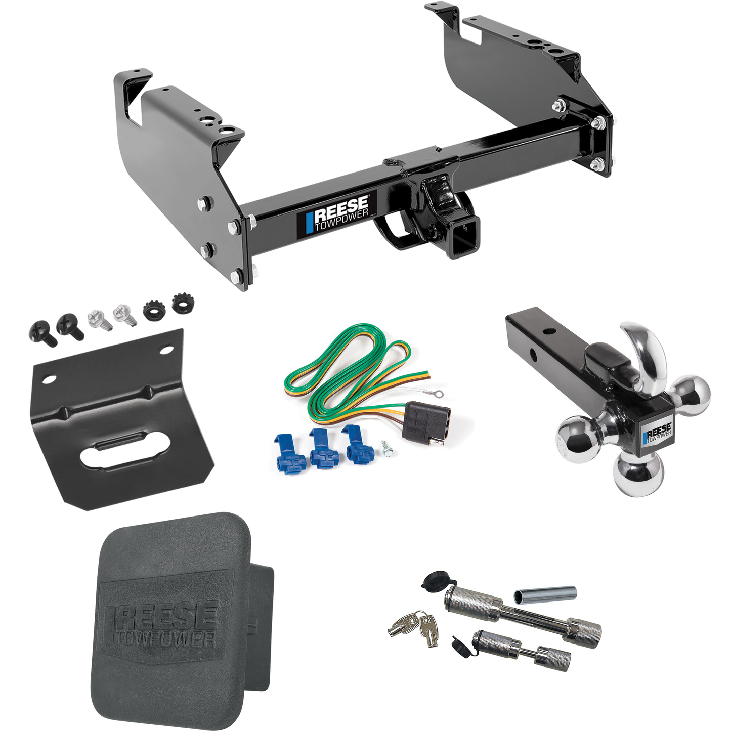 Fits 1999-2019 Ford F-550 Super Duty Trailer Hitch Tow PKG w/ 4-Flat Wiring Harness + Triple Ball Ball Mount 1-7/8" & 2" & 2-5/16" Trailer Balls w/ Tow Hook + Dual Hitch & Coupler Locks + Hitch Cover + Wiring Bracket (For Cab & Chassis, w/34" Wide Fr