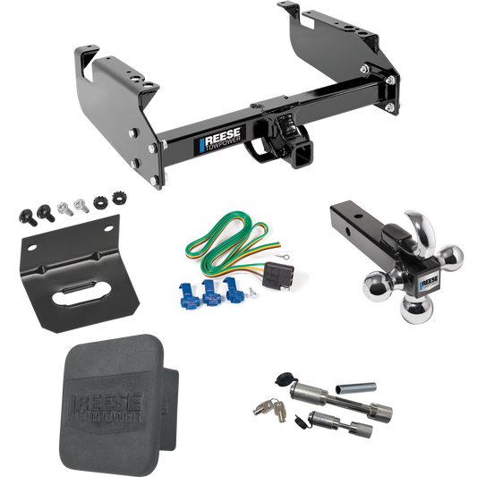 Fits 1999-2019 Ford F-550 Super Duty Trailer Hitch Tow PKG w/ 4-Flat Wiring Harness + Triple Ball Ball Mount 1-7/8" & 2" & 2-5/16" Trailer Balls w/ Tow Hook + Dual Hitch & Coupler Locks + Hitch Cover + Wiring Bracket (For Cab & Chassis, w/34" Wide Fr