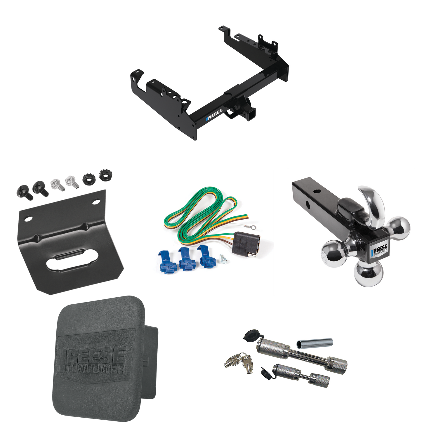 Fits 2019-2023 Ford F-350 Super Duty Trailer Hitch Tow PKG w/ 4-Flat Wiring Harness + Triple Ball Ball Mount 1-7/8" & 2" & 2-5/16" Trailer Balls w/ Tow Hook + Dual Hitch & Coupler Locks + Hitch Cover + Wiring Bracket (For Cab & Chassis, w/34" Wide Fr