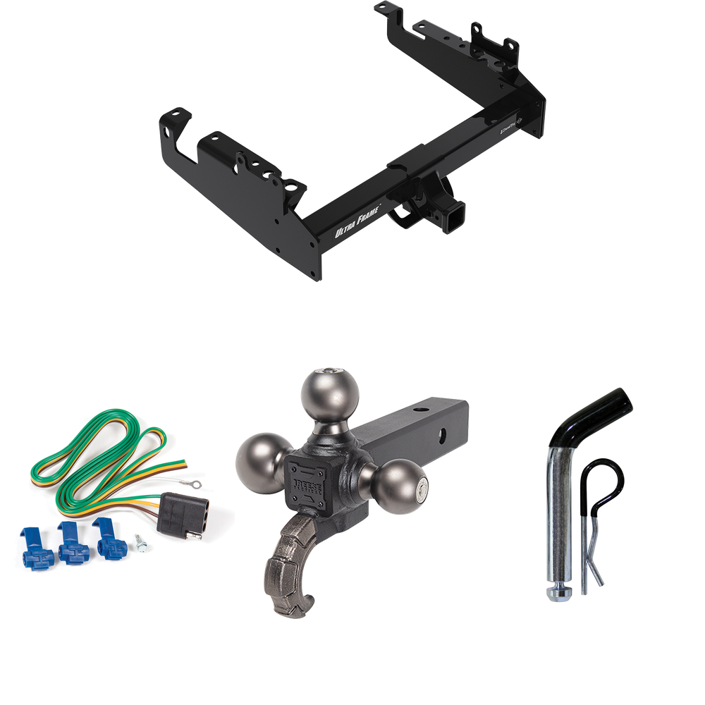 Fits 2019-2023 Ford F-350 Super Duty Trailer Hitch Tow PKG w/ 4-Flat Wiring Harness + Triple Ball Ball Mount 1-7/8" & 2" & 2-5/16" Trailer Balls w/ Tow Hook + Pin/Clip (For Cab & Chassis, w/34" Wide Frames Models) By Draw-Tite