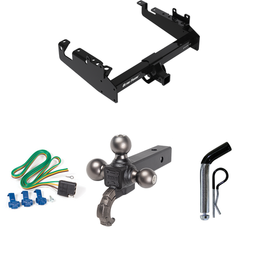 Fits 2019-2023 Ford F-350 Super Duty Trailer Hitch Tow PKG w/ 4-Flat Wiring Harness + Triple Ball Ball Mount 1-7/8" & 2" & 2-5/16" Trailer Balls w/ Tow Hook + Pin/Clip (For Cab & Chassis, w/34" Wide Frames Models) By Draw-Tite