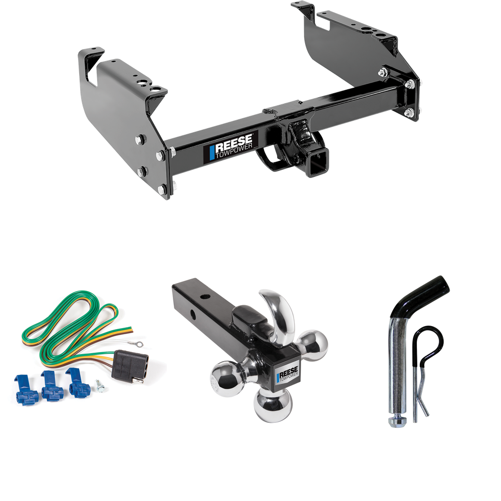 Fits 1999-2019 Ford F-450 Super Duty Trailer Hitch Tow PKG w/ 4-Flat Wiring Harness + Triple Ball Ball Mount 1-7/8" & 2" & 2-5/16" Trailer Balls w/ Tow Hook + Pin/Clip (For Cab & Chassis, w/34" Wide Frames Models) By Reese Towpower