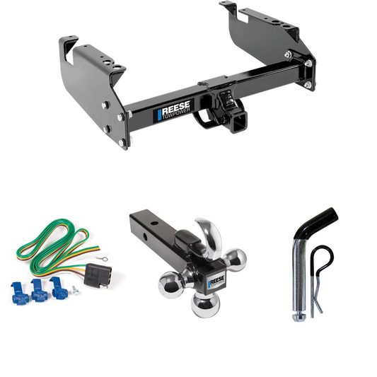 Fits 1999-2019 Ford F-450 Super Duty Trailer Hitch Tow PKG w/ 4-Flat Wiring Harness + Triple Ball Ball Mount 1-7/8" & 2" & 2-5/16" Trailer Balls w/ Tow Hook + Pin/Clip (For Cab & Chassis, w/34" Wide Frames Models) By Reese Towpower