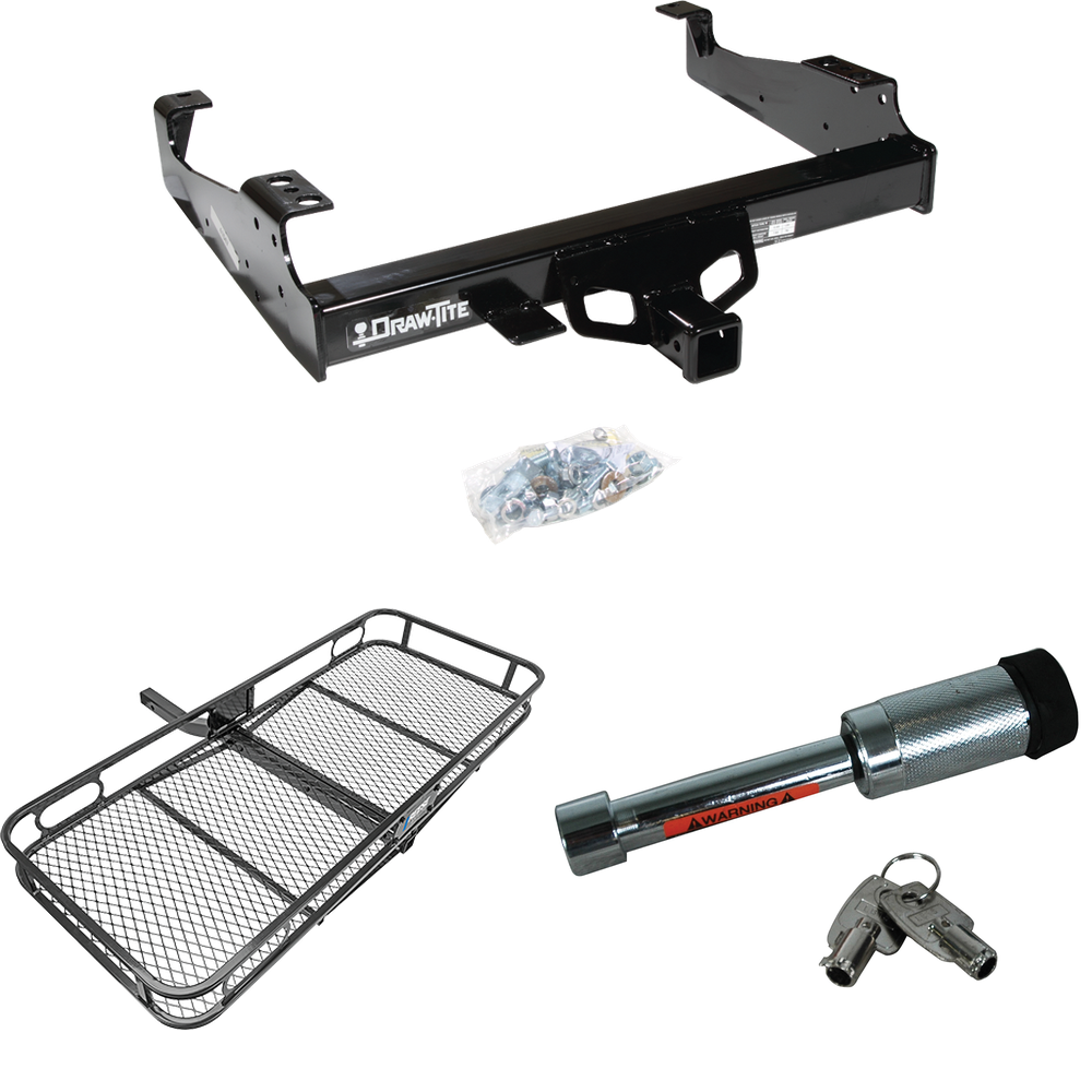 Fits 1999-2023 Ford F-450 Super Duty Trailer Hitch Tow PKG w/ 60" x 24" Cargo Carrier + Hitch Lock (For Cab & Chassis, w/34" Wide Frames Models) By Draw-Tite