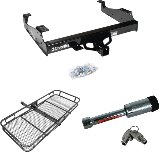 Fits 1999-2023 Ford F-450 Super Duty Trailer Hitch Tow PKG w/ 60" x 24" Cargo Carrier + Hitch Lock (For Cab & Chassis, w/34" Wide Frames Models) By Draw-Tite