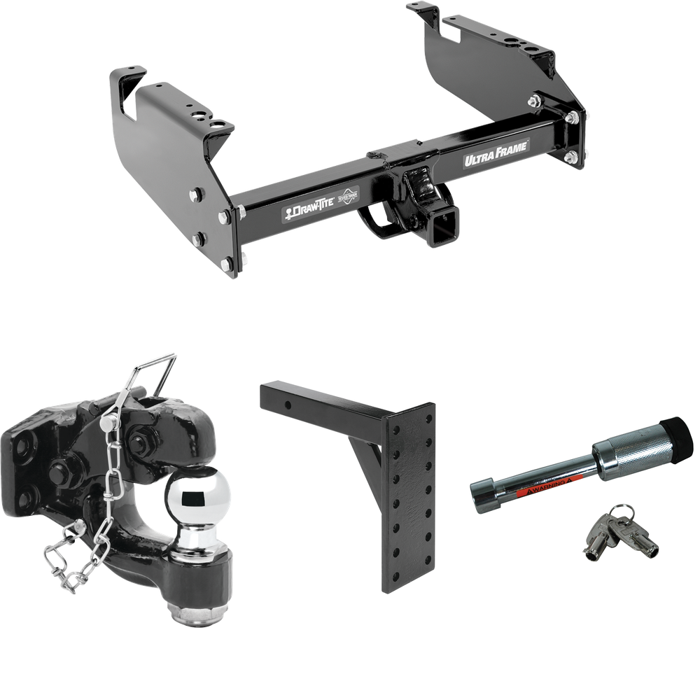 Fits 1999-2019 Ford F-550 Super Duty Trailer Hitch Tow PKG w/ 7 Hole Pintle Hook Mounting Plate + Pintle Hook & 2" Ball Combination + Hitch Lock (For Cab & Chassis, w/34" Wide Frames Models) By Draw-Tite