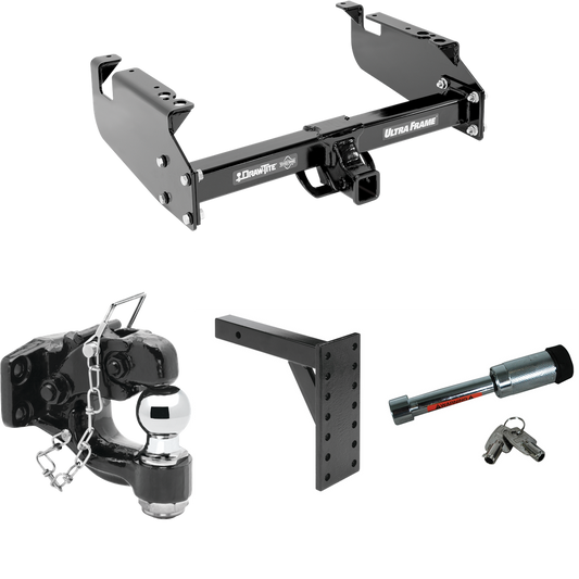 Fits 1999-2019 Ford F-550 Super Duty Trailer Hitch Tow PKG w/ 7 Hole Pintle Hook Mounting Plate + Pintle Hook & 2" Ball Combination + Hitch Lock (For Cab & Chassis, w/34" Wide Frames Models) By Draw-Tite