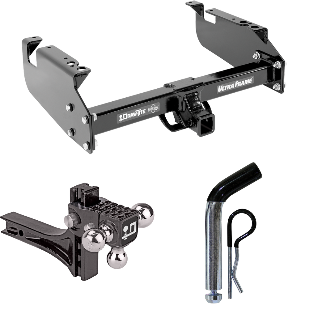 Fits 1999-2019 Ford F-350 Super Duty Trailer Hitch Tow PKG w/ Adjustable Drop Rise Triple Ball Ball Mount 1-7/8" & 2" & 2-5/16" Trailer Balls + Pin/Clip (For Cab & Chassis, w/34" Wide Frames Models) By Draw-Tite