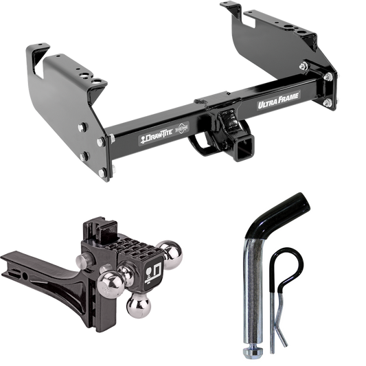 Fits 1999-2019 Ford F-350 Super Duty Trailer Hitch Tow PKG w/ Adjustable Drop Rise Triple Ball Ball Mount 1-7/8" & 2" & 2-5/16" Trailer Balls + Pin/Clip (For Cab & Chassis, w/34" Wide Frames Models) By Draw-Tite