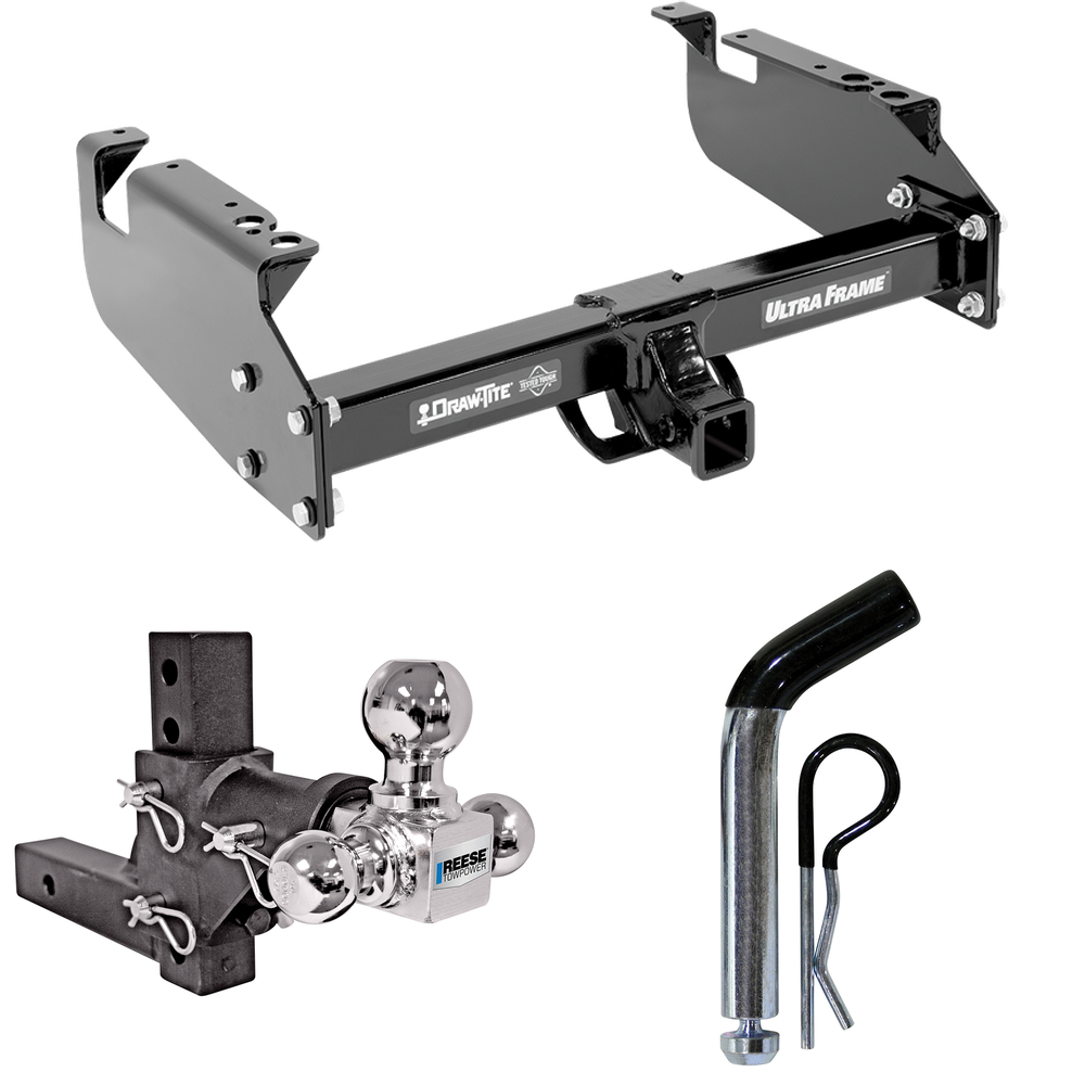 Fits 1999-2019 Ford F-450 Super Duty Trailer Hitch Tow PKG w/ Adjustable Drop Rise Triple Ball Ball Mount 1-7/8" & 2" & 2-5/16" Trailer Balls + Pin/Clip (For Cab & Chassis, w/34" Wide Frames Models) By Draw-Tite